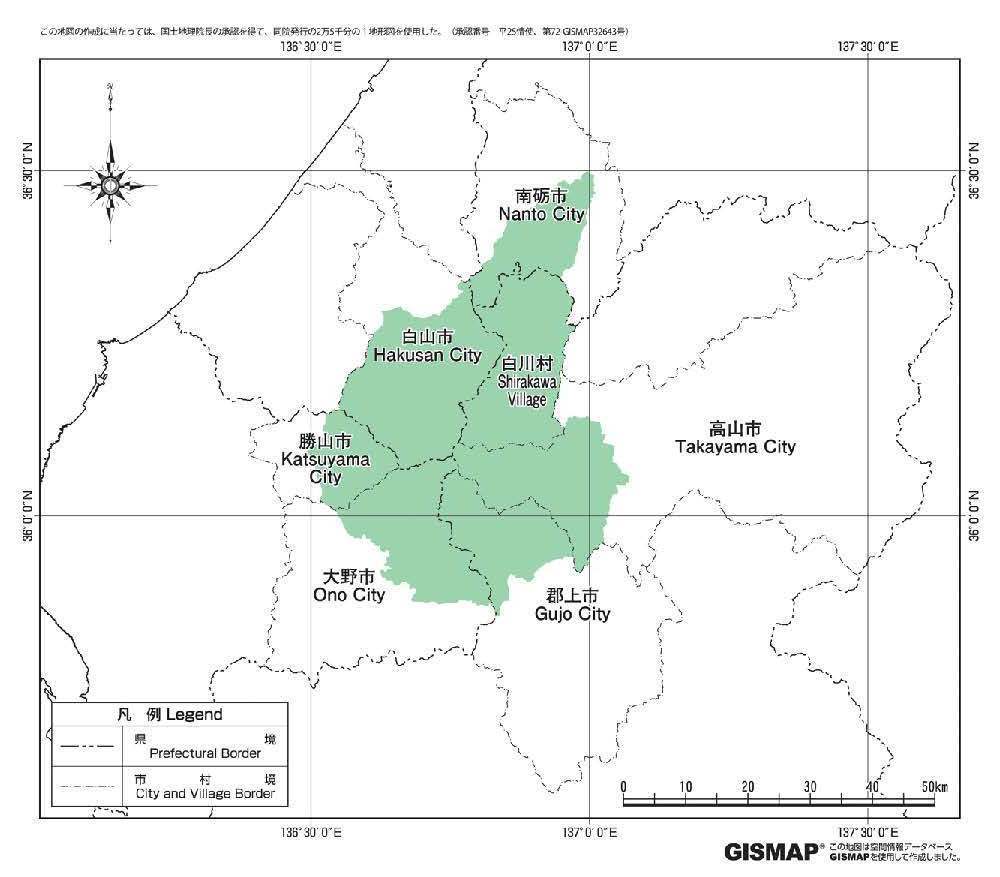 白山ユネスコエコパークの範囲図